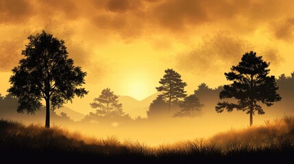 Obraz premium Scenic Sunset Over Lush Forest with Silhouettes of Trees and Mountains in Background