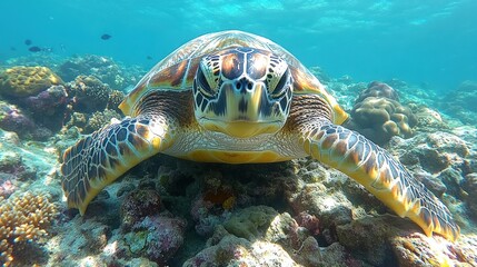 Obraz premium Close-up of a sea turtle swimming near a vibrant coral reef in clear blue water.