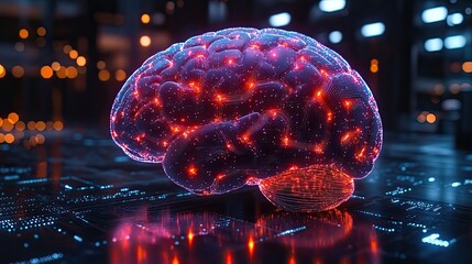 Brain with neon circuit board, representing data technology, geometric programming, cybersecurity, future engineering, neuro learning, AI research, thinking patterns, and Alzheimer's study