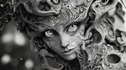 Art artificial intelligence face spiragraph, black and white