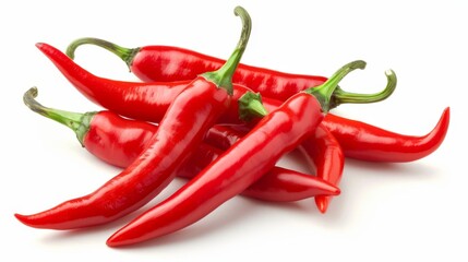 Vibrant close up of diagonal arrangement of bright red chili peppers on a crisp white background