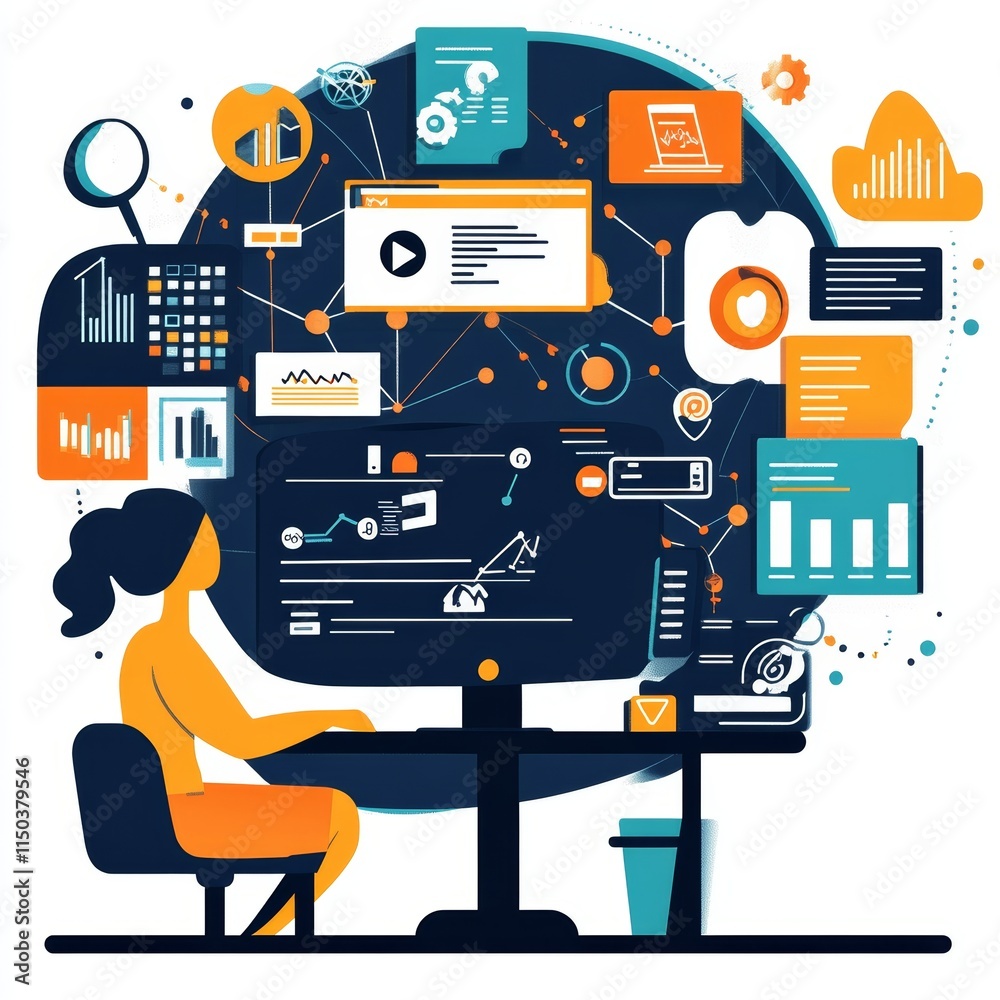Poster creative professional analyzes data and trends using advanced technology in a modern workspace setti