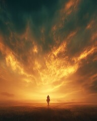 A lone figure walks towards a vibrant sunset, surrounded by dramatic clouds and open fields.