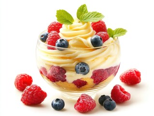 A delicious dessert featuring layers of cream, berries, and cake in a clear glass bowl.