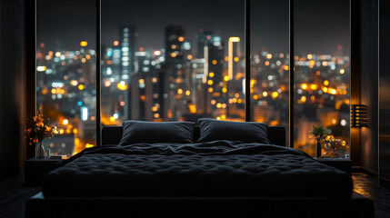 "Urban bedroom featuring soft lighting and a striking night skyline view. The room blends modern comfort with a chic, city-inspired ambiance, perfect for relaxation and style."