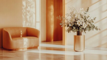 A contemporary office lobby with a tall floral arrangement of lilies and eucalyptus leaves, placed in a large, clear vase, offering a welcoming ambiance.