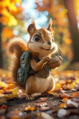 Adorable cartoon squirrel with backpack carrying acorn in autumn forest.