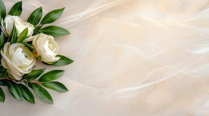 Fototapeta premium A bouquet of white flowers with green leaves on a white background