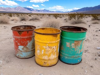 Obraz premium Three colorful, weathered barrels on sandy terrain with mountains in the background.