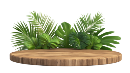 Wooden board for product placement with green leaves around, transparent background