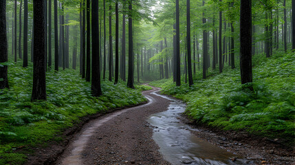 Obraz premium Misty forest path with stream.