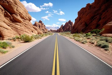 Open road through stunning red rock formations under a clear blue sky.