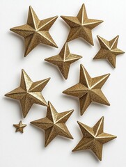 A photostock of bright metallic golden stars arranged symmetrically, isolated on a clean white background, shiny and festive, High Quality