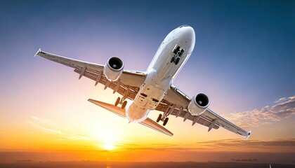 Obraz premium Airplane flying at sunset 