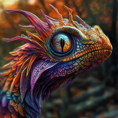 Obraz premium A close up of a colorful dragon's head with a bright orange eye
