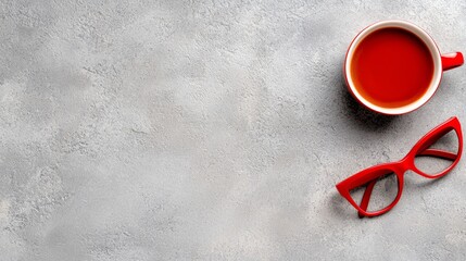 A cup of tea and a pair of red glasses on a gray surface