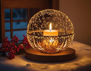 Warm candlelight in a decorative sphere, creating a cozy winter ambiance with festive elements.