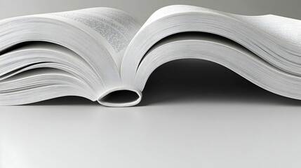 Open book with pages fanned out on white surface.