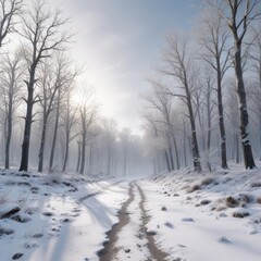 Obraz premium Frosty forest landscape with bare trees and snow-covered ground, serene, trees