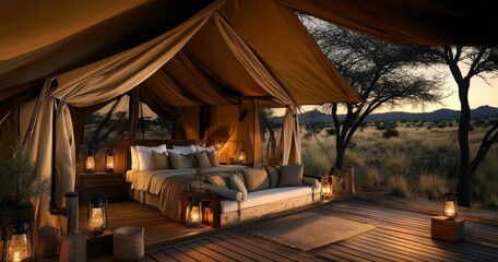 Fototapeta premium Exclusive Safari Tent in the Wild with Luxurious Decor and Private Savanna Vista