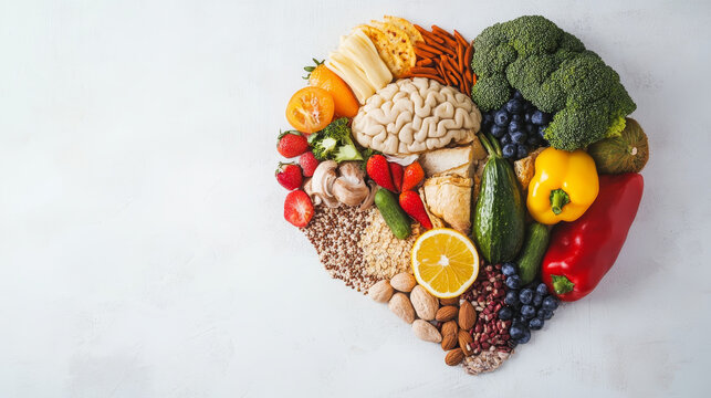 "Serotonin, dopamine, and brain-boosting foods concept featuring an assortment of foods that promote good mood, happiness, better memory, and a positive mindset. Includes natural food sources like ban