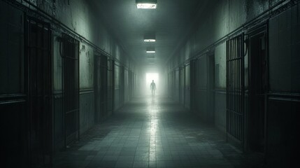 Exploring the eerie prison hall shrouded in mist, open door beckoning towards unknown destiny