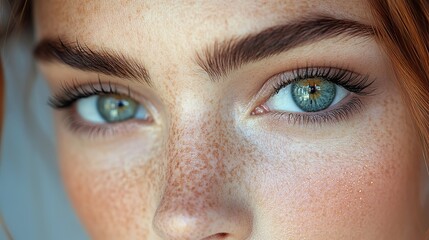 Fototapeta premium Closeup of a woman's eyes with freckles and makeup, showcasing beauty, skincare, cosmetics brush, glowing skin, melasma, facial zoom, cosmetology, eyelashes, and microblading for self-care