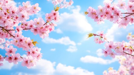 Serene Spring Blossoms: A Breathtaking Panorama of Cherry Blossoms Against a Vivid Blue Sky