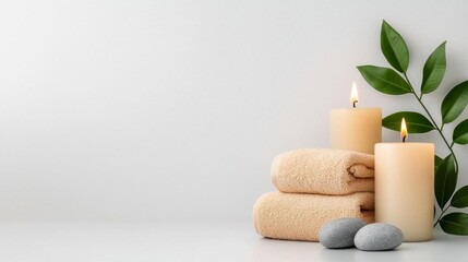 A photostock of elegant spa items including candles, herbal oils, and soft towels, arranged symmetrically on a clean white background, relaxing and inviting, High Quality