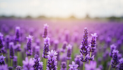 Fototapeta premium Lavender Field in Bloom with Rich Purple Flowers and Blurred Horizon