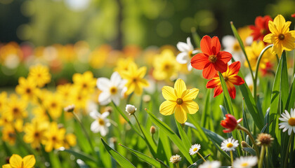 Obraz premium Flowering Spring Garden with Bright Yellows, Reds, and Whites Against Green Backdrop