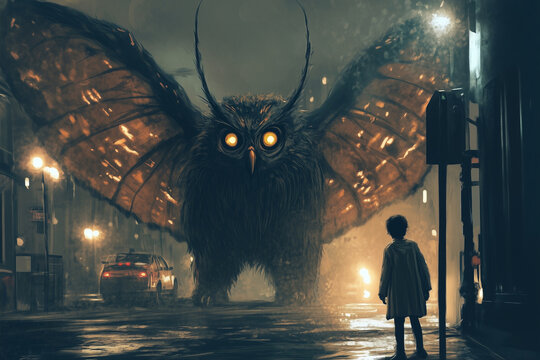 strange cryptid moth creature standing in a street at night