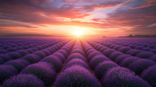 A lavender field in Provence glows with purple and violet hues under the evening sunshine, showcasing floral beauty and tranquility in a stunning summer landscape.