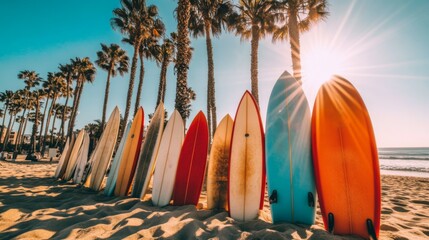 Surfboards on a tropical beach with palm trees in the background