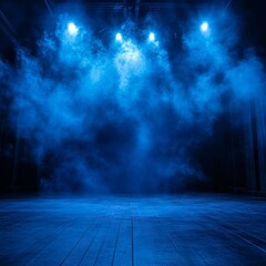 Bright Blue Stage Lights Illuminate a Foggy Theater Setting, Creating a Dramatic Atmosphere for Upcoming Performances and Rehearsals