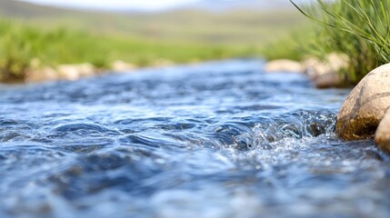 Fototapeta premium A small stream of water flowing over rocks in a grassy area