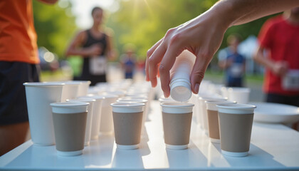 Runner grabbing water at station during race with blurred crowd, spring marathon