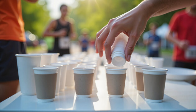 Runner grabbing water at station during race with blurred crowd, spring marathon
