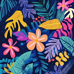 Artistic tropical foliage pattern with vibrant pink, orange, and blue leaf designs