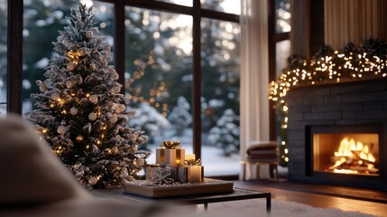 Peaceful Christmas Scene with Snow-Covered Tree and Fire Place