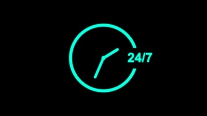 Clock icon illustrations. clock's hand speed rotation. 24/7 clock isolate on black. 12 hours time lapse clock
