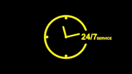 Clock icon illustrations. clock's hand speed rotation. 24/7 clock isolate on black. 12 hours time lapse clock