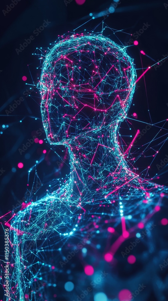 Poster representation of digital human form with interconnected networks and vibrant colors illustrating te