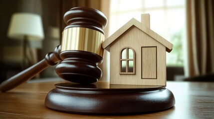 Judicial Auction and Real Estate: House Model, Gavel, and Law Books - Concept