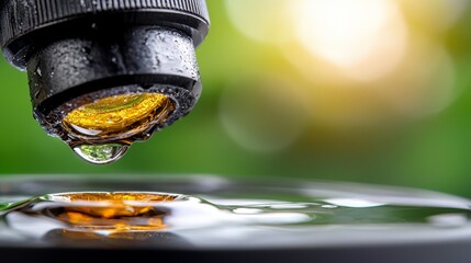 A drop of water coming out of a faucet into a bowl of water