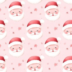 Santa Claus Pink Pattern: A charming seamless pattern featuring cheerful Santa Claus faces on a soft pink background, perfect for festive designs and holiday projects.  