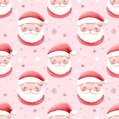 Santa's Sweet Repeats: A charming seamless pattern featuring adorable Santa Claus faces on a soft pink background, perfect for festive designs.