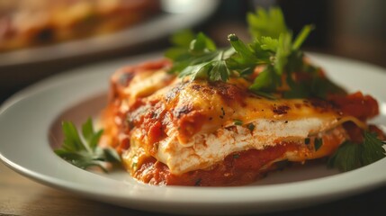 Delicious lasagna on a white plate, garnished with fresh parsley.