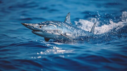 Fototapeta premium A sleek, blue shark surfaces, its sharp teeth visible, cutting through deep blue ocean waves.