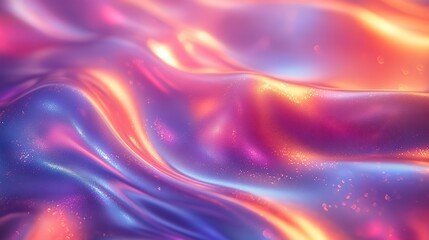 Obraz premium Colorful holographic texture with metallic abstract waves creates wallpaper; this ultraviolet textile resembles foil with a chrome gradient